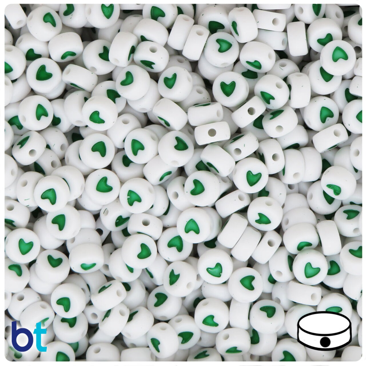 BeadTin White Opaque 7mm Coin Plastic Alpha Beads - Green Hearts (250pcs)